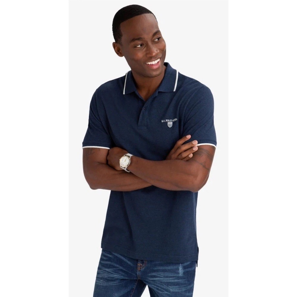 US Polo ASSN Marled Yarn‎ Polo Shirt With Embroidered Crest Navy Marl Men's M